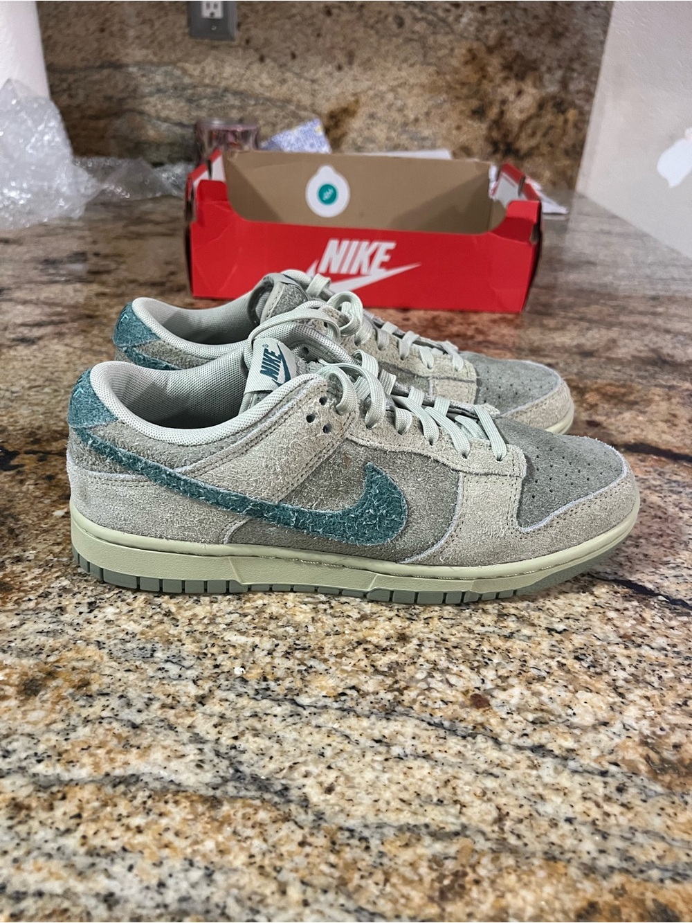 Nike Dunk Low Suede Sneakers in Olive and Teal - Picture 4 of 10